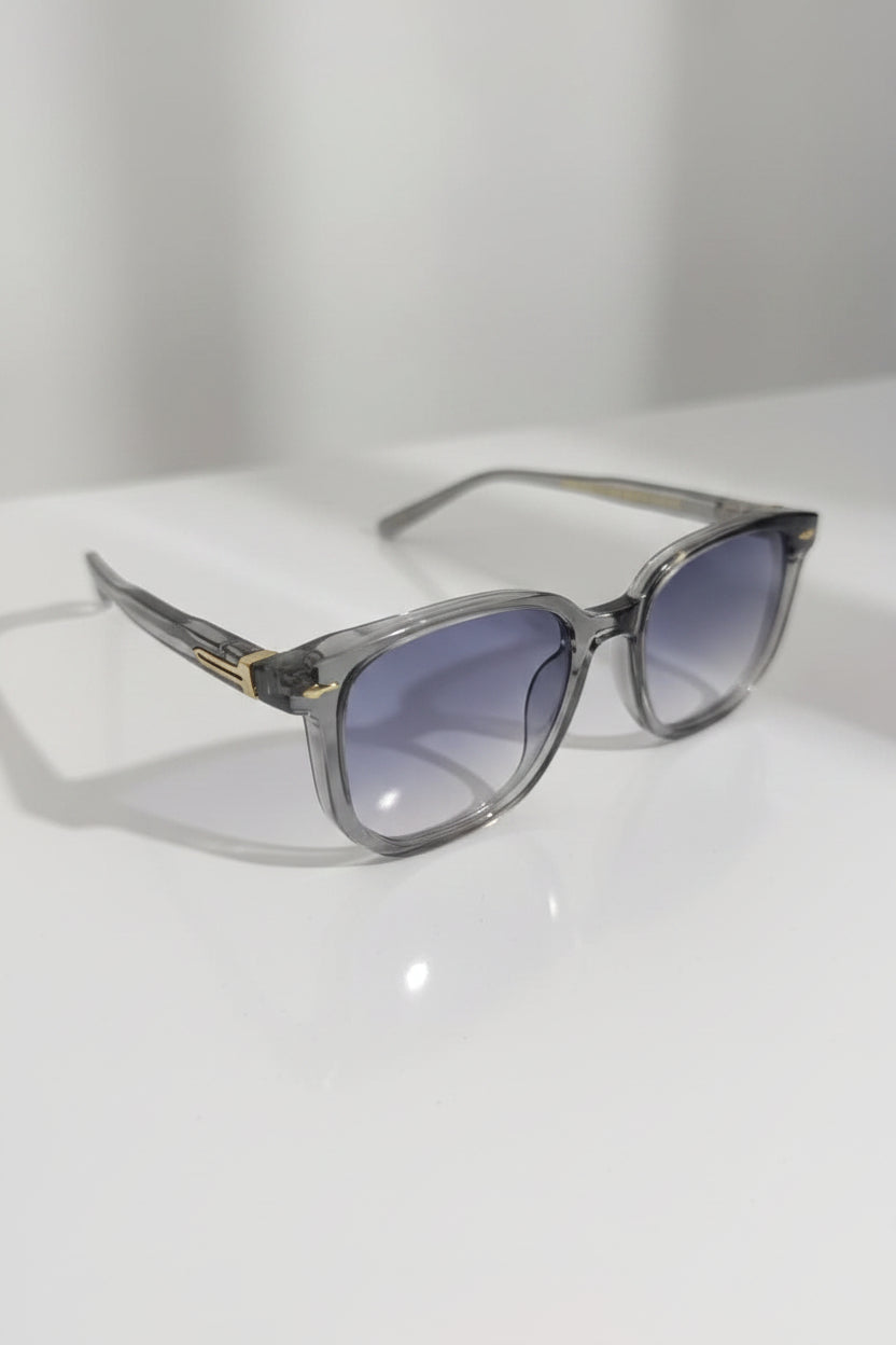 Sunglasses with a reflective surface on a white background